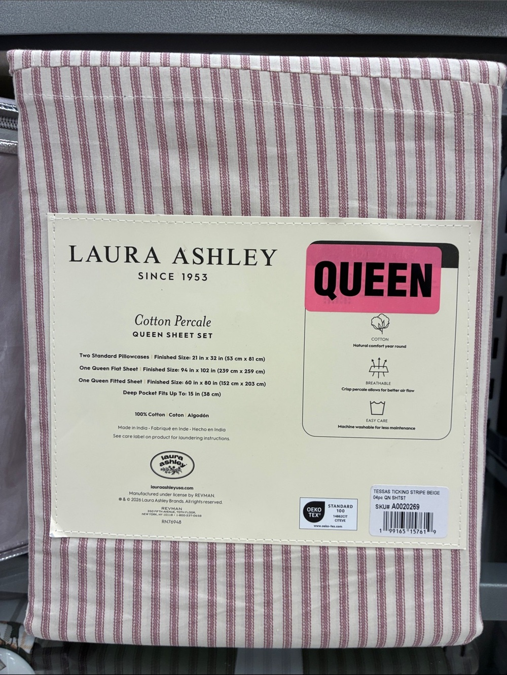 Laura Ashley Queen Cotton Percale Sheet Set - Pink Stripe